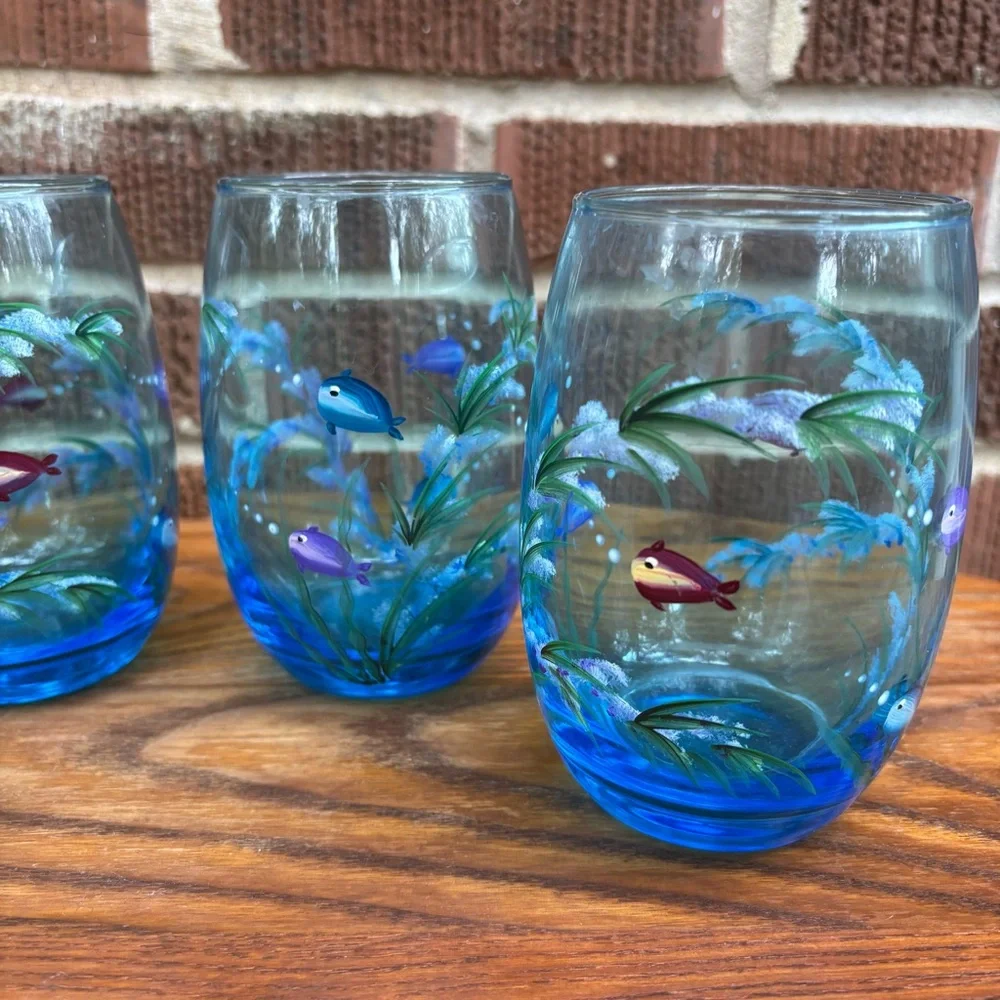 Hand-painted stemless wine water blue glasses with marine design Set of 4